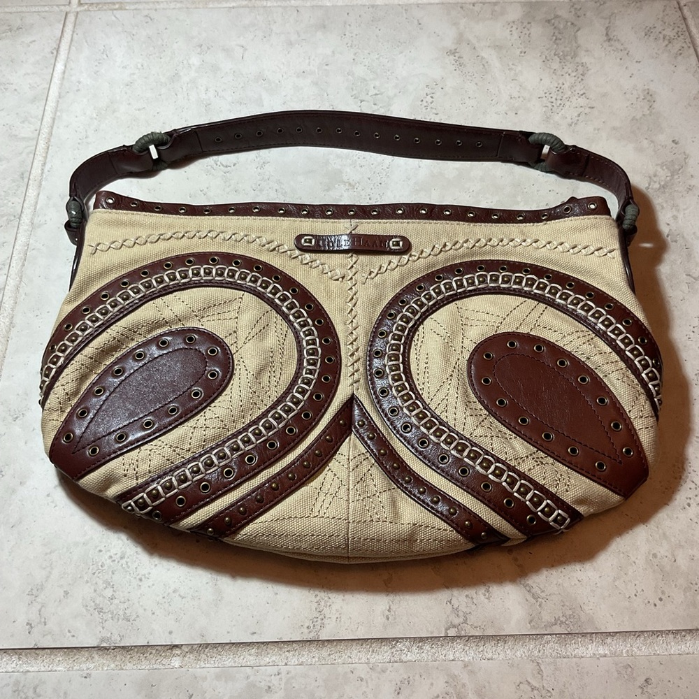 Genuine Leather Embellished Shoulder Bag in Cream and Brown